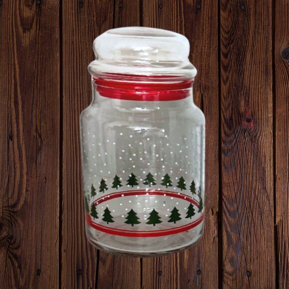 Vintage Christmas Tree Glass Canister Jar w/ Red Lid | Holiday Kitchen Decor - Picture 3 of 7